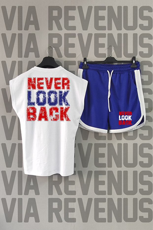 Never Look Back White Sports T-Shirt and Blue Sports Shorts Set - Back Print, Zero Sleeve