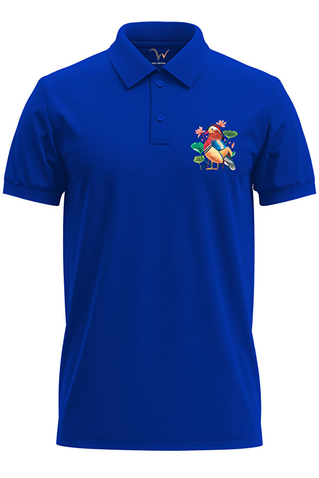 Mandarin Duck Color Printed Regular Fit 100% Cotton Polo Neck Blue T-Shirt