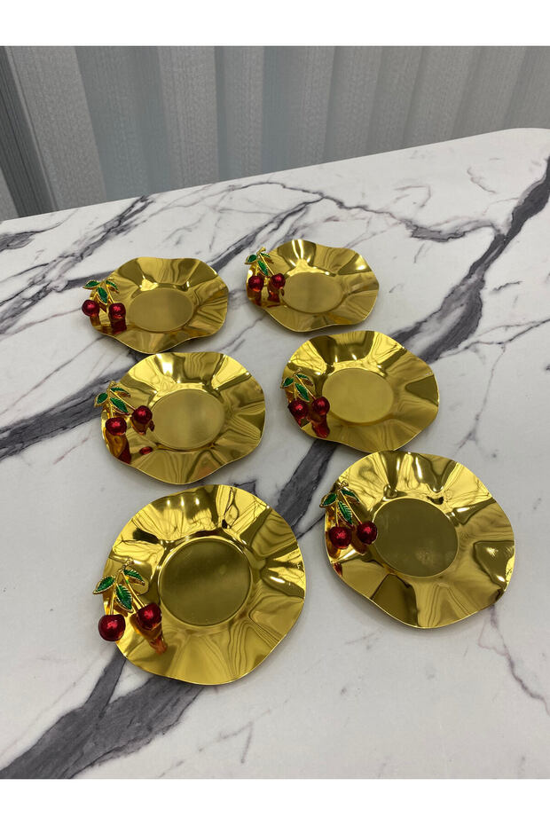 6-Piece Luxury Gold Wave Model Cherry Detailed Stainless Metal Tea Plate