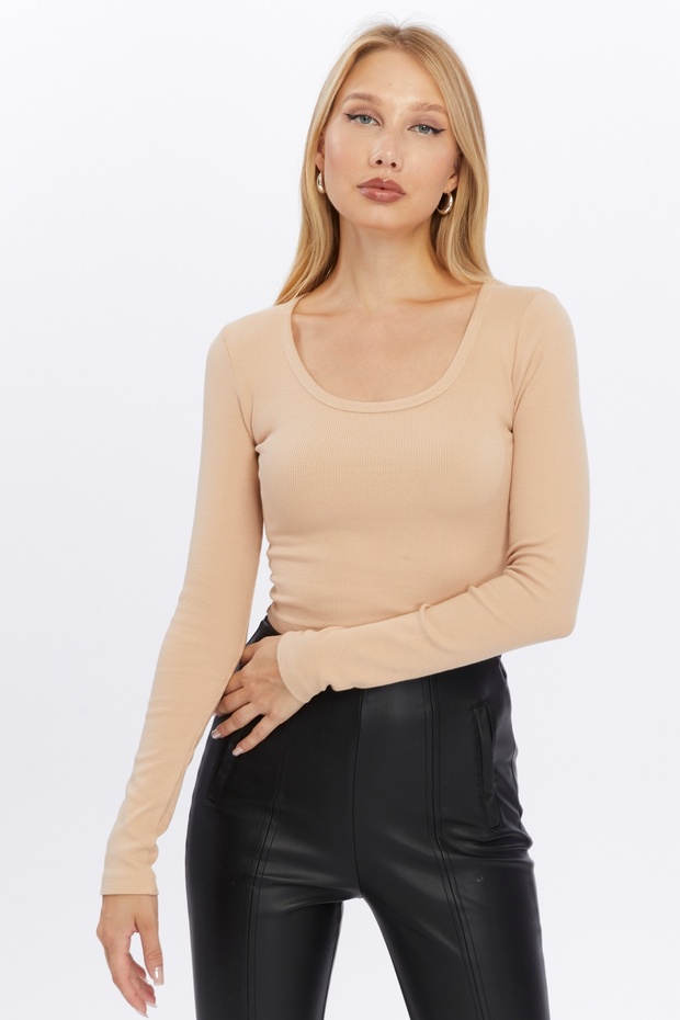 Women's Camel Crew Neck Ribbed Knitted Crop Blouse