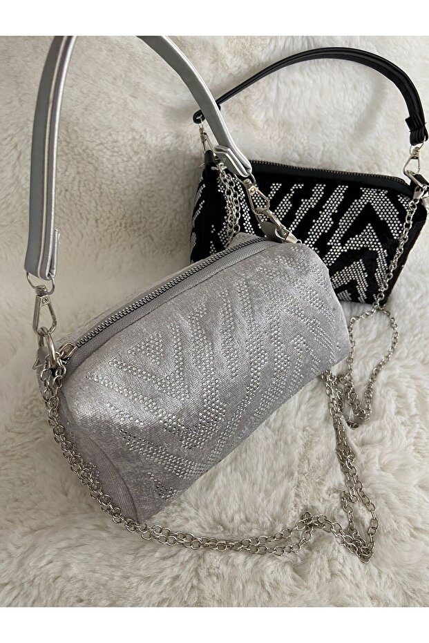 Silver Colored Shawl Patterned Night Bag - 1