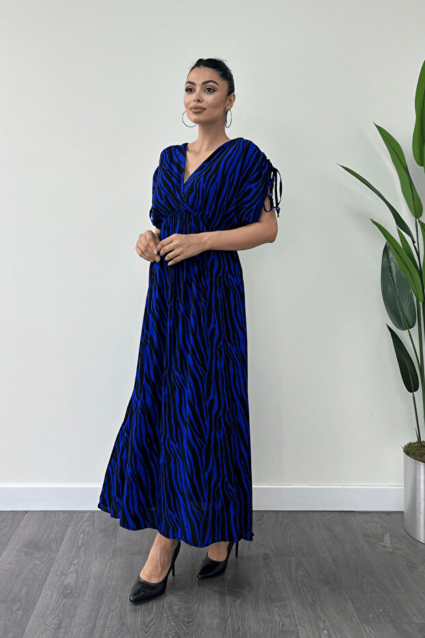 Viscose Fabric Midi Dress with Elastic Waist - Cobalt Blue