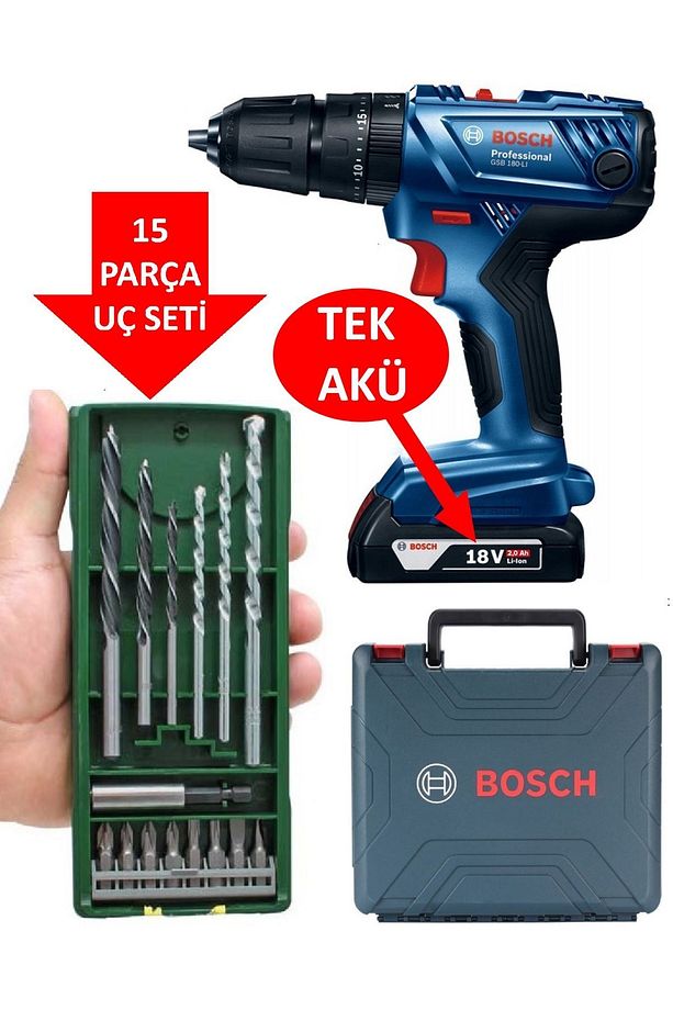 Şarjlı Matkap (Tek Akülü) Darbeli Matkap 18V Akülü Vidalama + 15 Parça Matkap Vidalama Ucu Set - 1