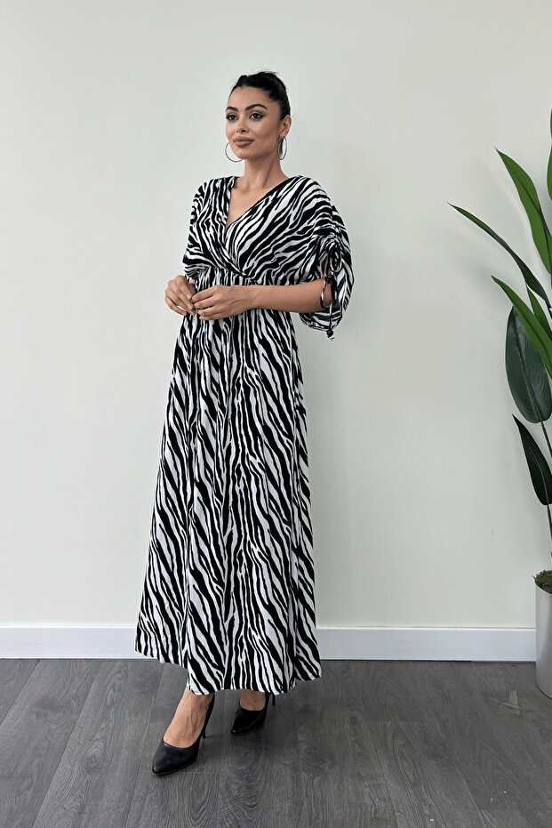 Viscose Fabric Midi Dress with Elastic Waist - Black