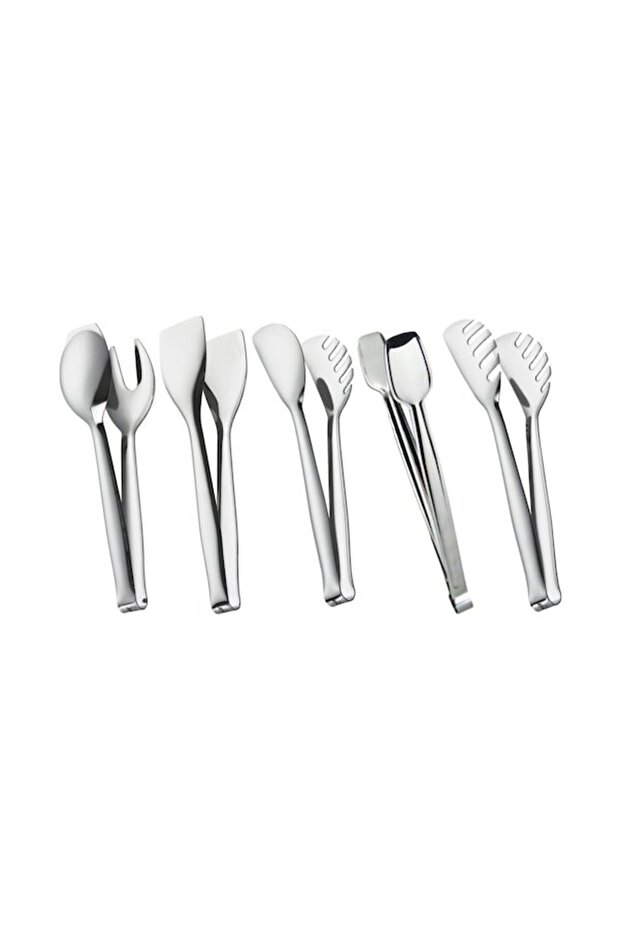 5-Piece Steel Tongs Set (Cake Tongs + Pasta Tongs + Serving Tongs + Salad Tongs + Grilling Tongs 28cm)