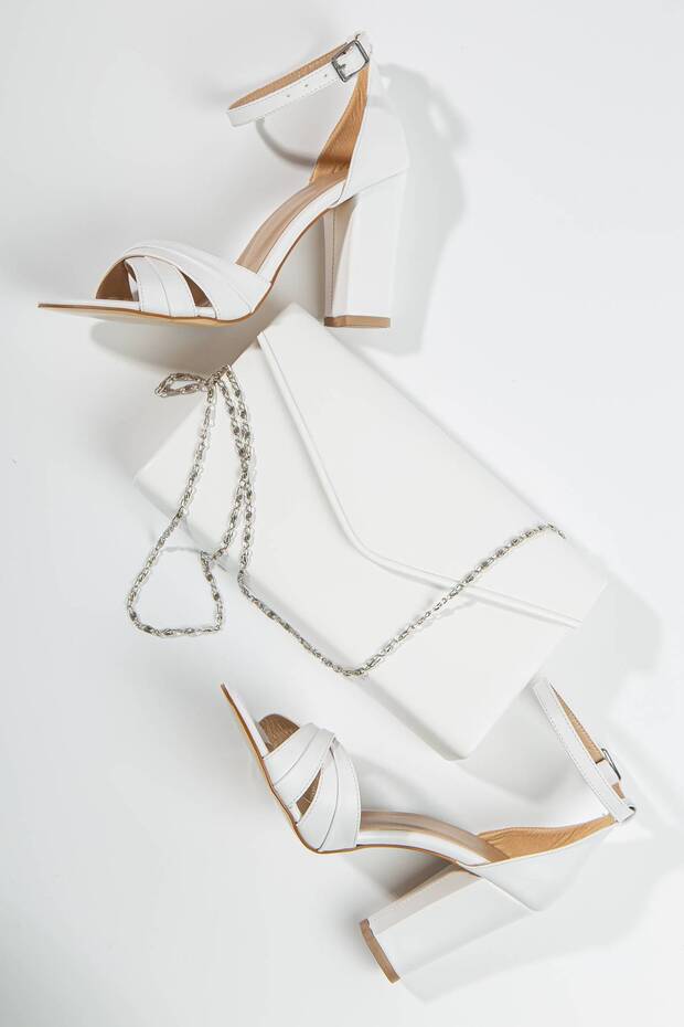 Women's Thick High Heeled Shoes and Bag Set White