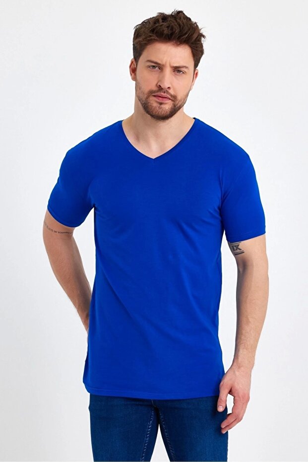 Erkek V Yaka Basic Lacivert Tişört - 1