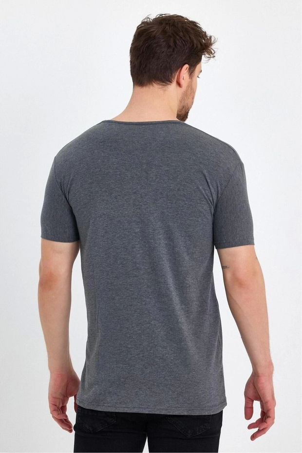 Erkek V Yaka Basic Gri Tişört - 3