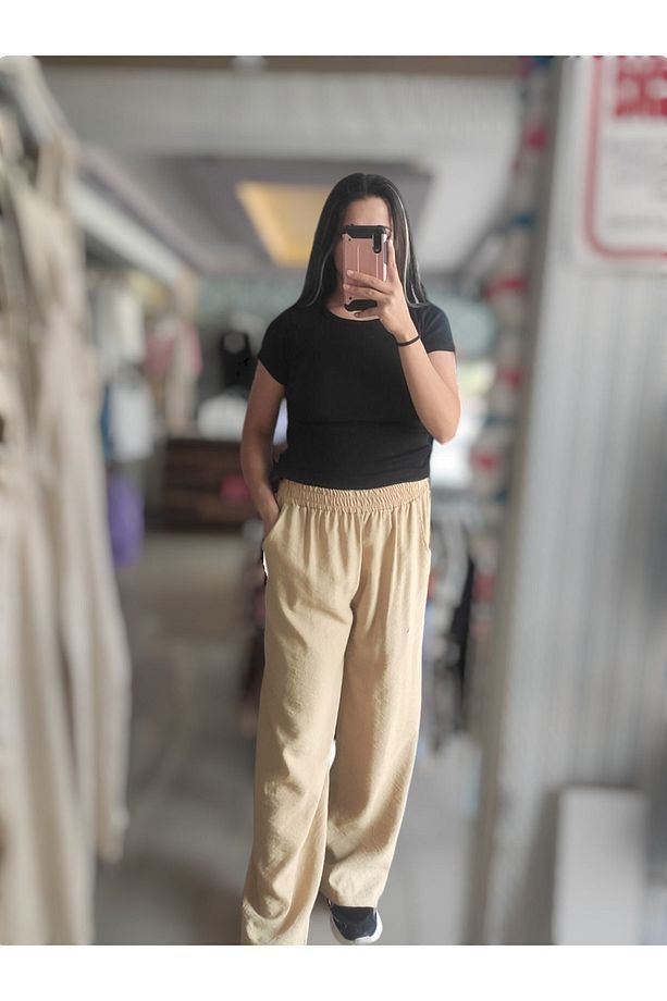 Kadın Müslin Ayrobin Kumaş Bej Pantolon - 4