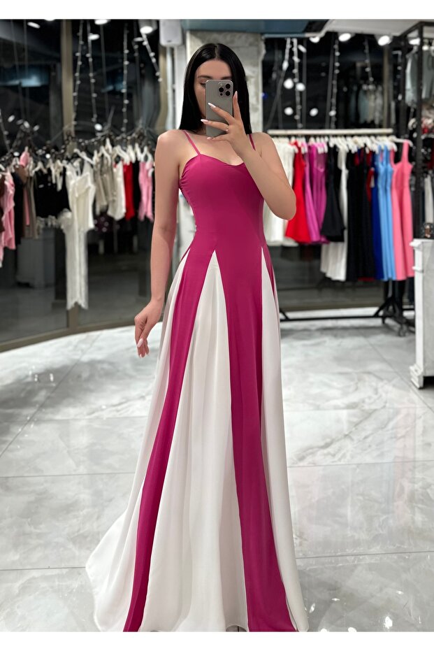Fuchsia Eva Long Dress - Multi-Piece Kiloş with Adjustable Straps and Chest Pads