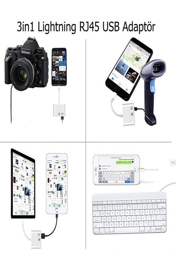 Iphone 7 8 X 11 11 Pro 12 13 13 14 Pro Max ve Ipad Uyumlu Usb Ethernet Lightning Şarj Adaptörü 3in1 - 2
