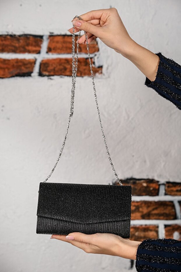 Women's Black Glittery Mini Box Shoulder Evening Bag