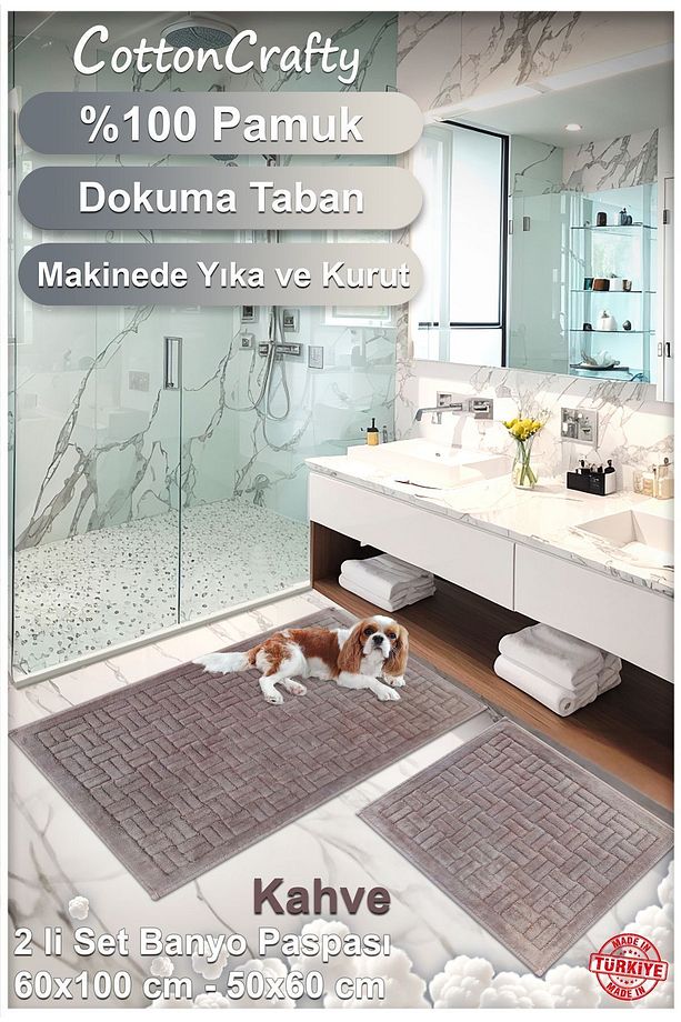 %100 Pamuk Dokuma Banyo Paspas Seti, Banyo Halısı Domino 2 Li Set 60x100 - 60x50 - 4