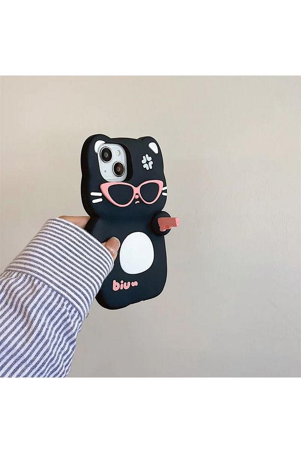 iPhone 13 PRO MAX - Sevimli Karakter Kalın Hamur Eğlence Silikon Fun Kapak/Kılıf - Kara Kedi - 1