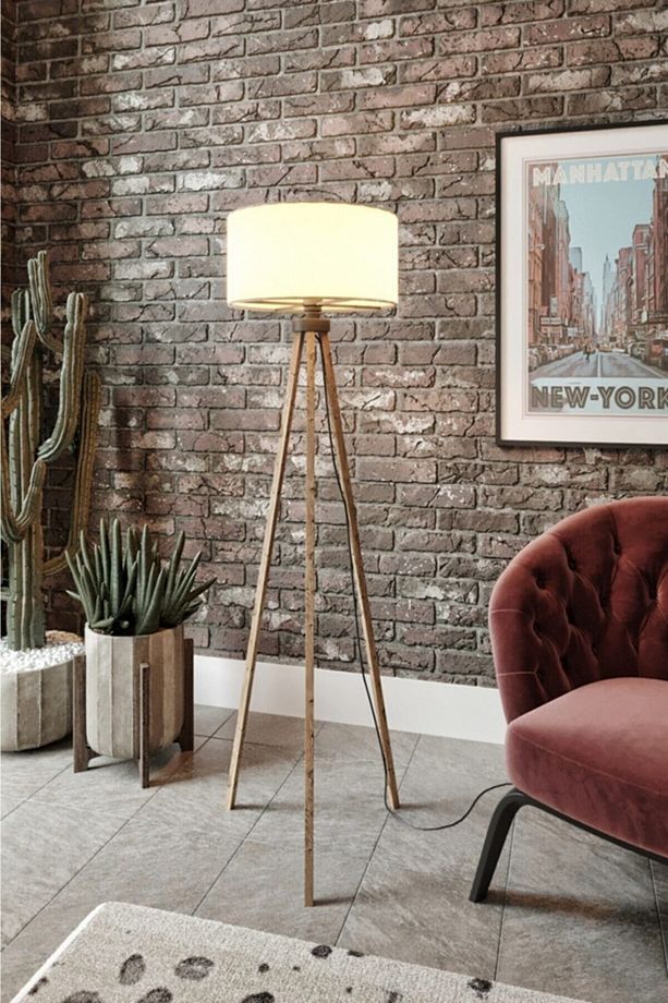Üç Ayaklı Tripod Lambader Yuvarlak Başlık Krem Kahverengi Ayak - 3