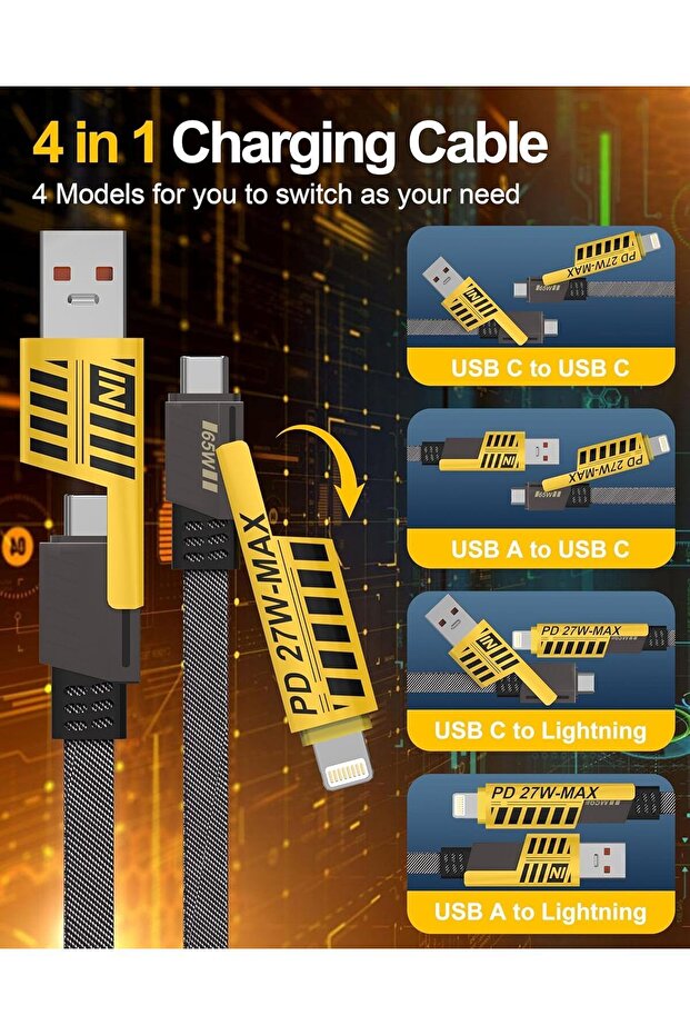 4 In 1 Type-c Usb Lightning 27w Ve 65w Pd Hızlı Şarj Kablosu Metal Uçlu Kırılmaz Hasır Örgü - 2