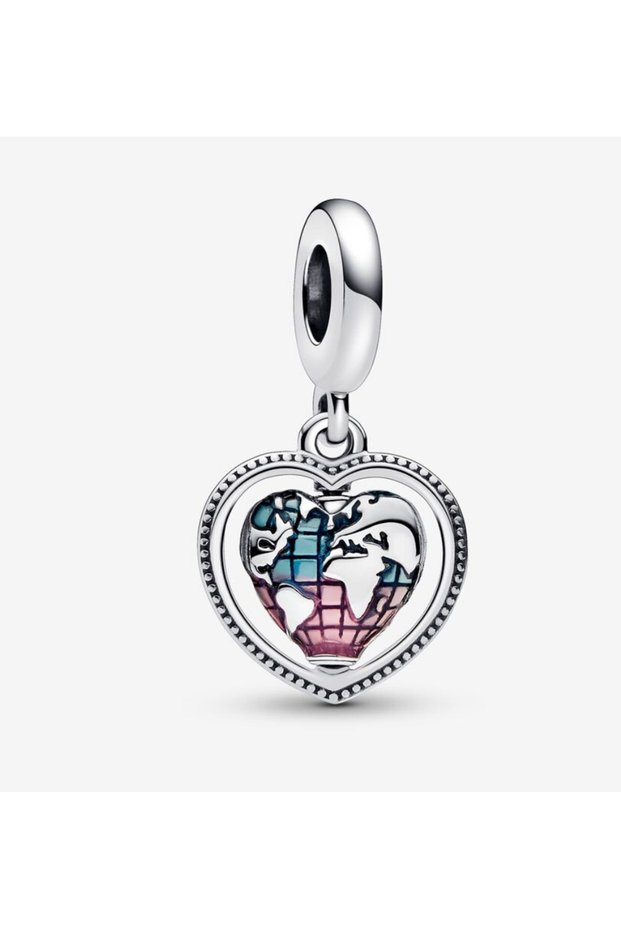 Family Rotating Heart Globe Dangle Charm S925 Sterling Silver