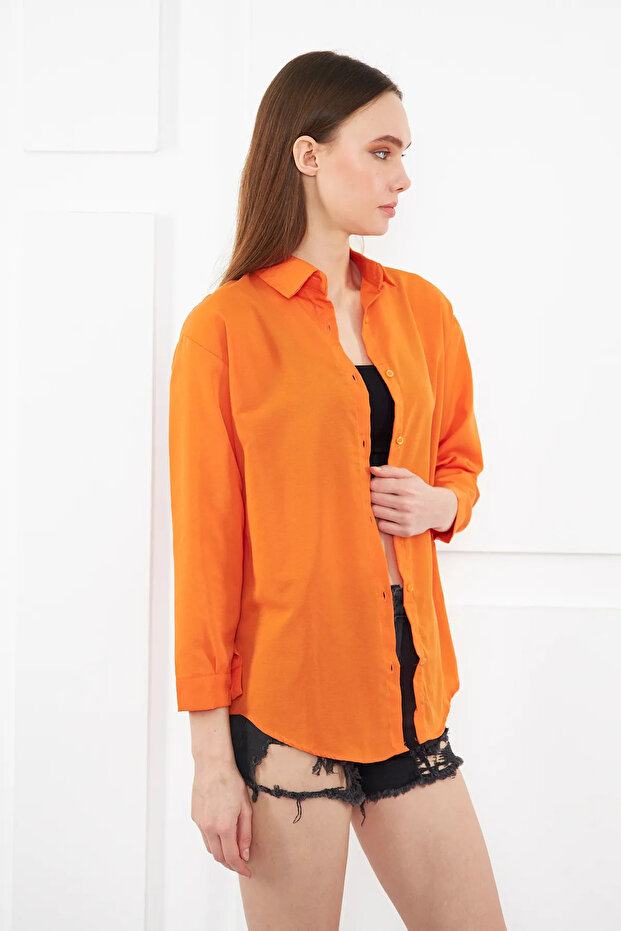 Kadın Turuncu Oversize Uzun Basic Gömlek - 3