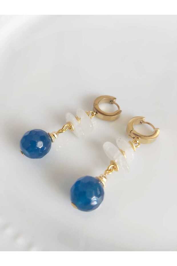 Natural Blue Agate and Moon Stone Steel Earrings 5 cm