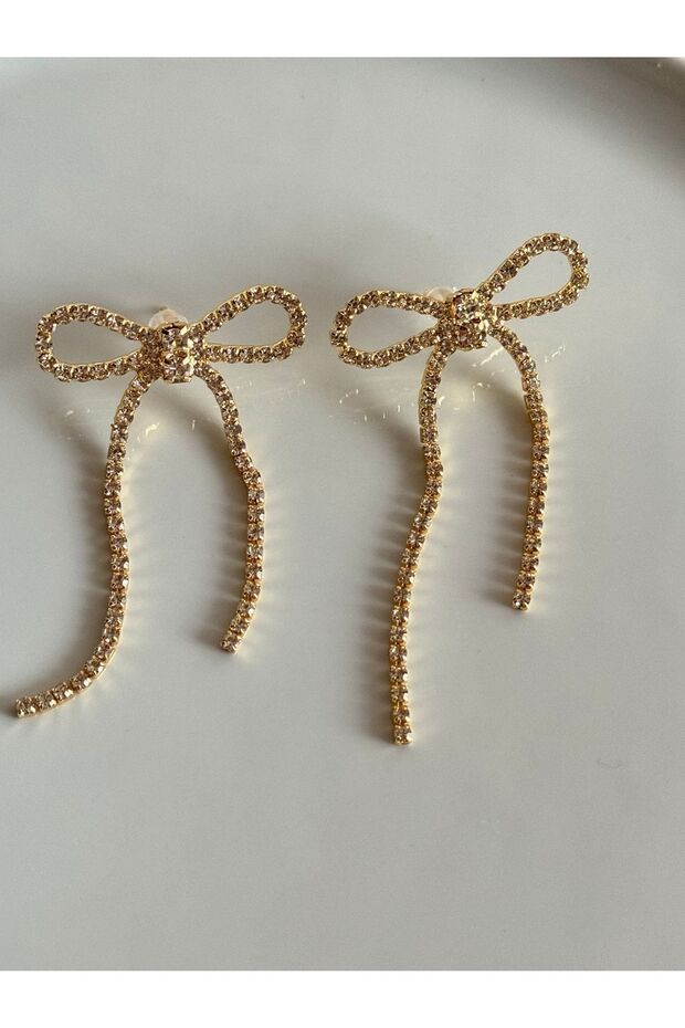Gold Zircon Stone Bow Earrings - 3