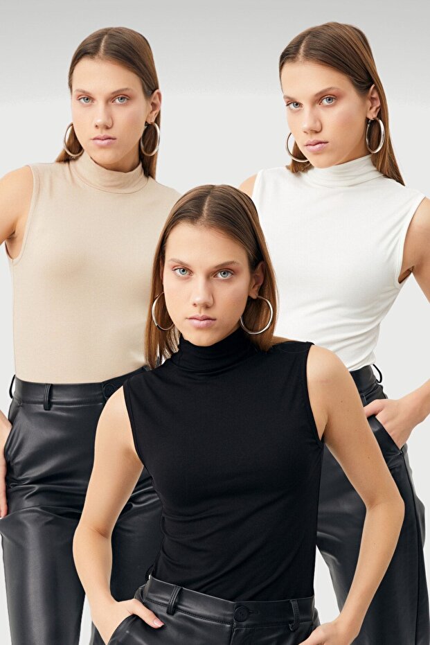 Women's Black Cream White 3-Pack Sleeveless Bodysuit