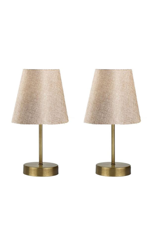 2 Adet Set Marla Eskitme Modern Metal Ayaklı Çuval Kumaş Başlıklı Masa Lambası Abajur - 1