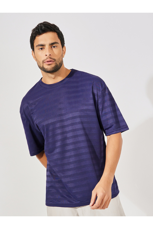 Self Stripe Stretch Knit Oversized Crew Neck T-Shirt