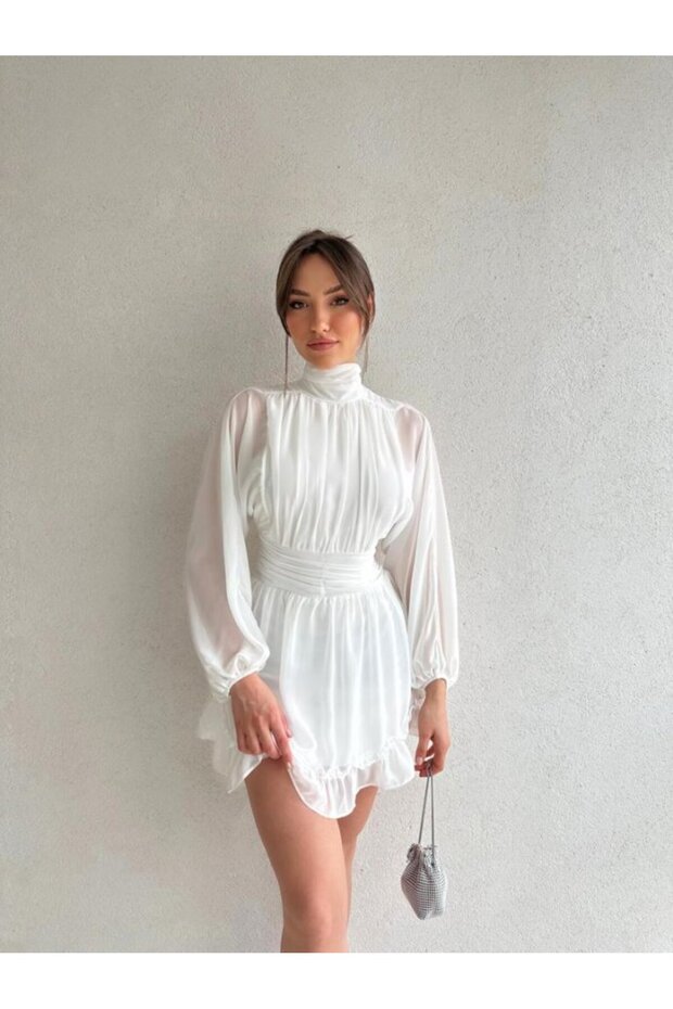 Stand Collar Chiffon Mini Dress