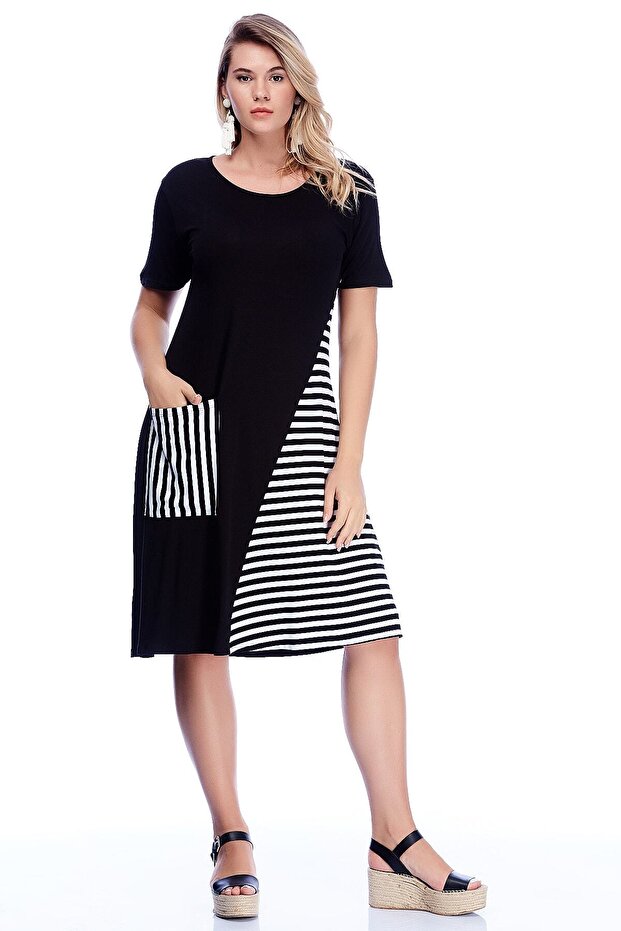 Women's Large Size Black Viscose Stripe Detailed Dress 65n24230