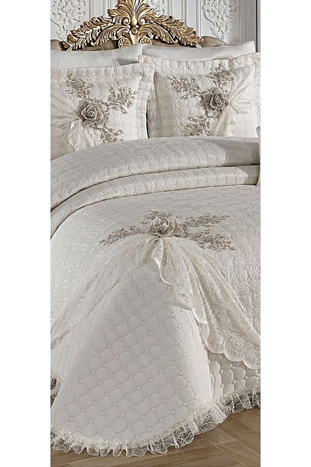 Çeyizlik Yatak Örtüsü ( Set 4 Parçası ) Fransız Dantelli Ve Kapitoneli Yüksek Kalite Goncagül - 4