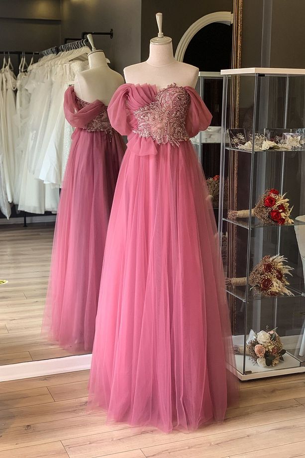 Gül Kurusu Göğsü Drape Detaylı Maxi Boy Abiye ve Gece Elbisesi - 1