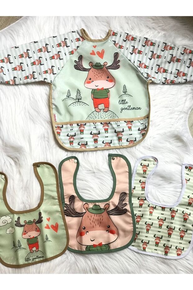Deer Patterned 1 Piece Long Sleeve 3 Piece Collared Set Baby Food Bib (6 - 24 MONTHS)