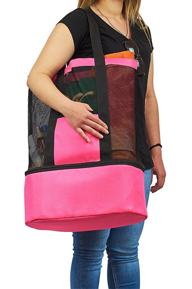 حقيبة شاطئ نسائية باللون الوردي مع حجرة ترمس