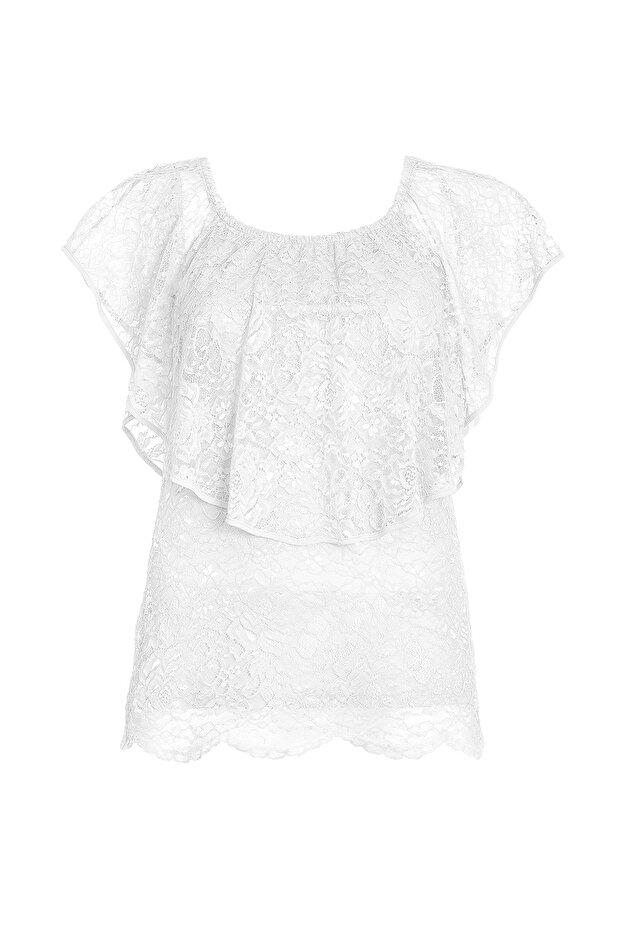 Büzgü Yaka Dantel Bluz - 1