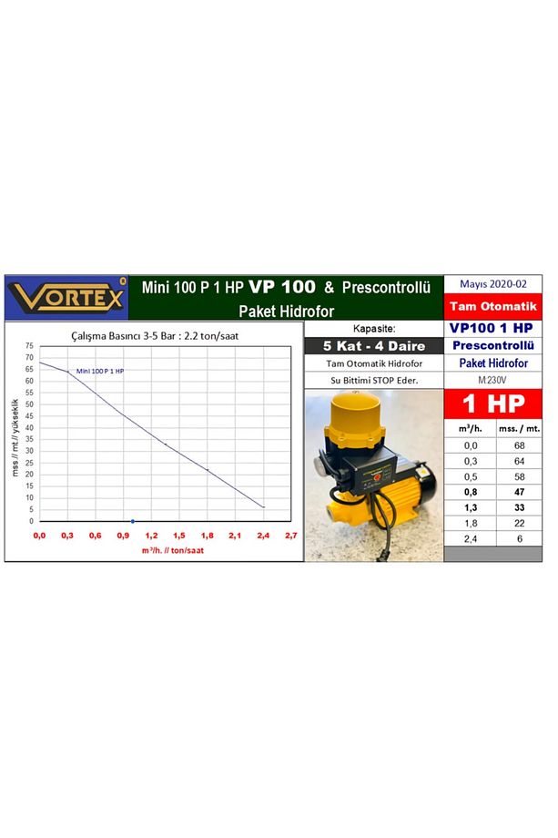 Mini - 100p 1 Hp 1'' 6.5 Mt. Emişli 5 Kat- 3/4 Daire Tam Otomatik Hidrofor Paket - 2