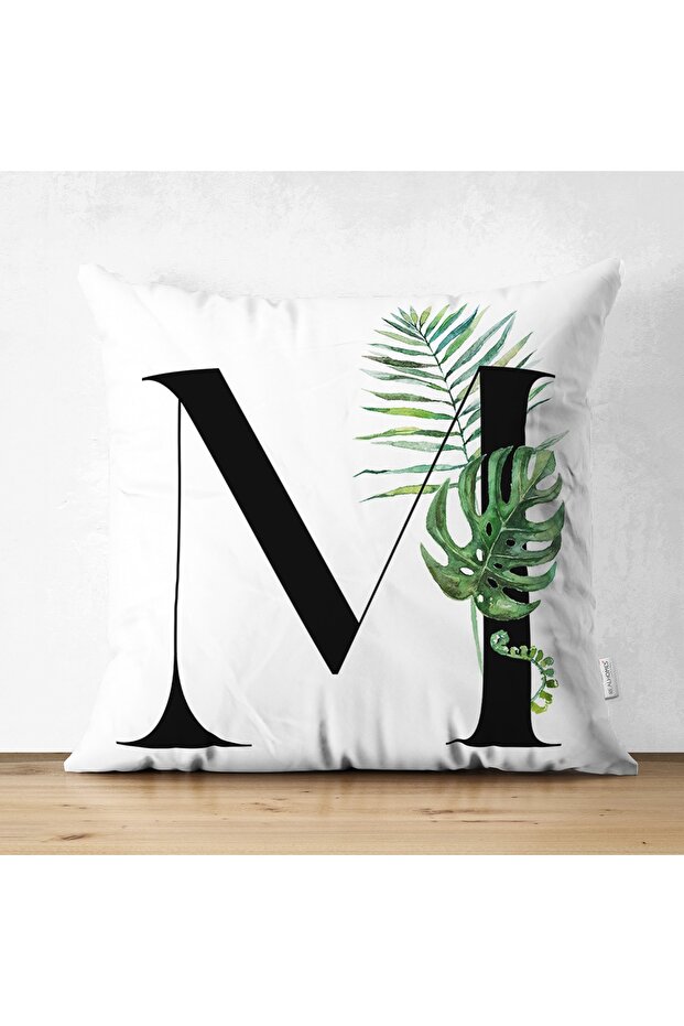 Double Sided White Background Leaf Motif Black Letter M Special Design Modern Suede Pillow Throw Pillow Cover