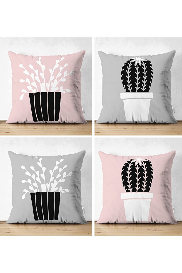 4-Piece Double Sided Gray & Pink Floored Potted Cactus Design Modern Suede Throw Pillow Cover Set