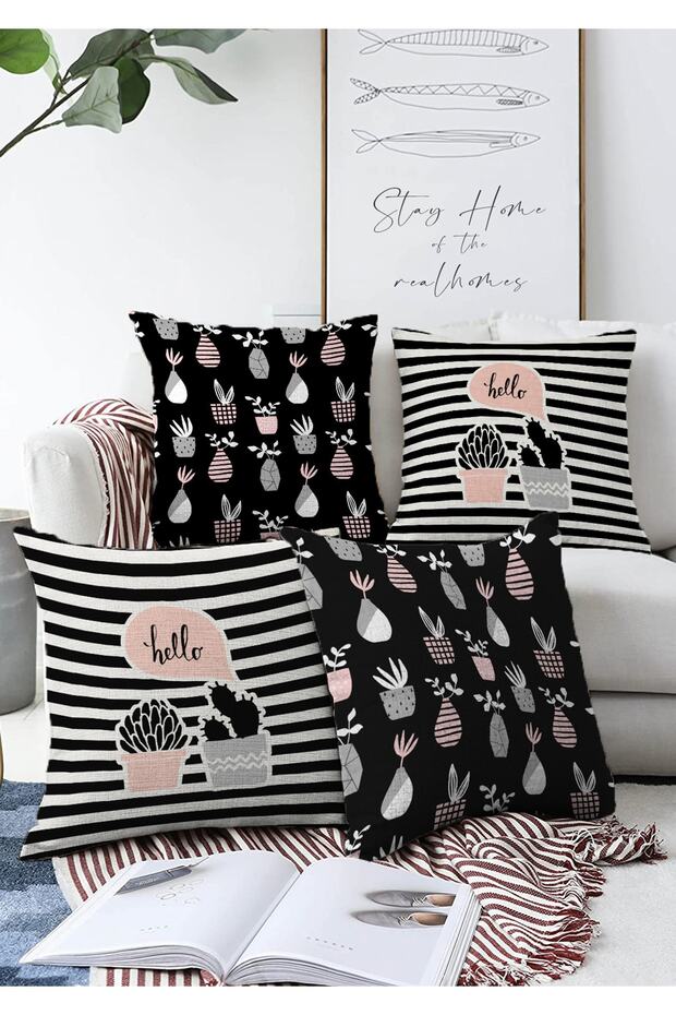 4-Piece Double Sided Flowers in Pot Special Design Digital Printed Modern Raschel Throw Pillow Cover Set