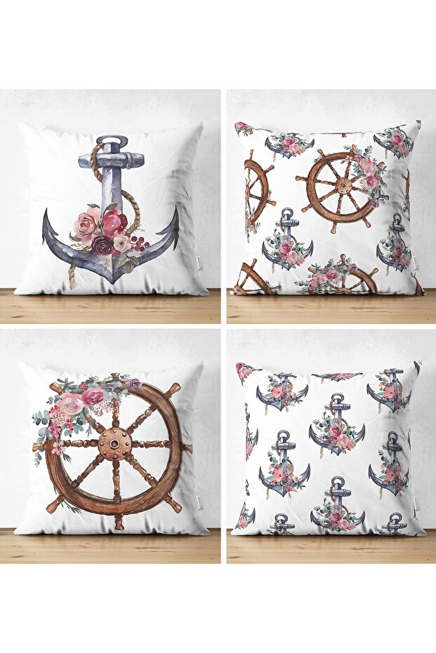 4-Piece Double Sided Anchor and Rudder Special Designed Digital Printed Modern Suede Throw Pillow Cover Set