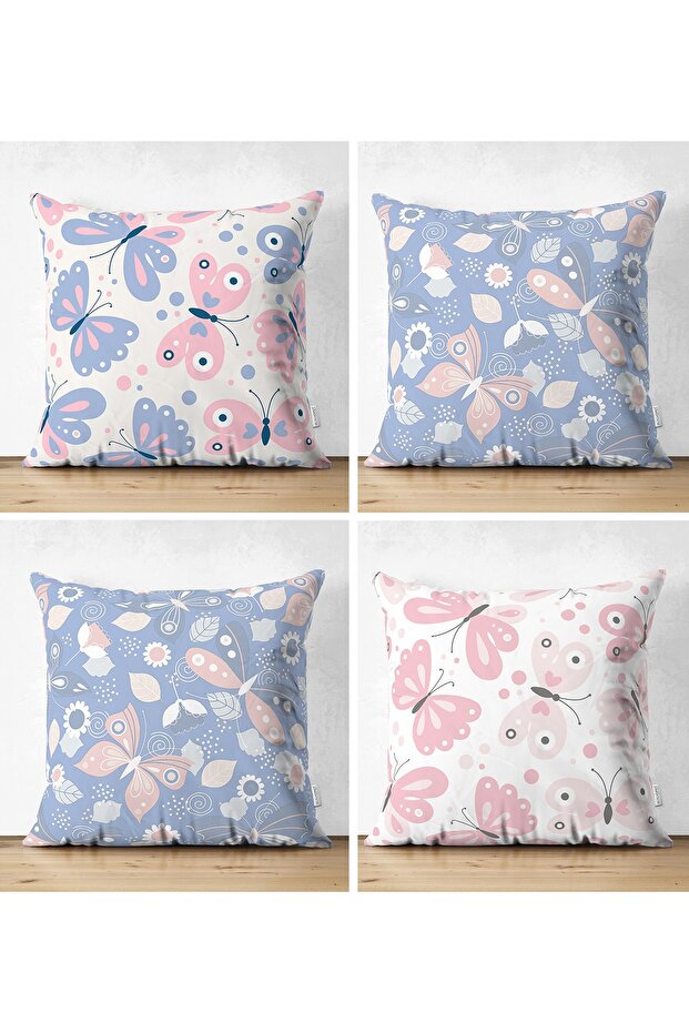 Set of 4 Double Sided Colorful Floor Butterfly Patterned Digital Printed Modern Suede Throw Pillow Covers