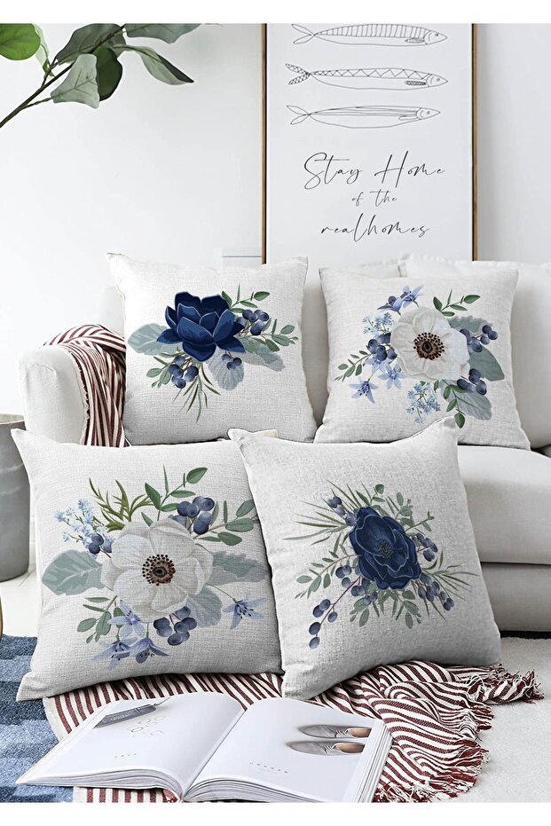 4-Piece Double Sided Blue White Rose Design Digital Printed Modern Raschel Knitted Throw Pillow Cover Set