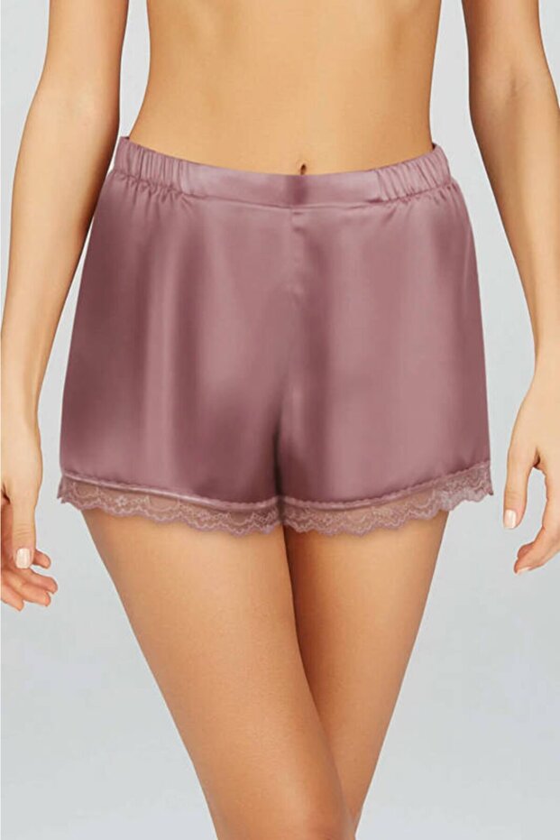 Kadın Gül Kurusu Sofia Dantelli Saten Şort - 1