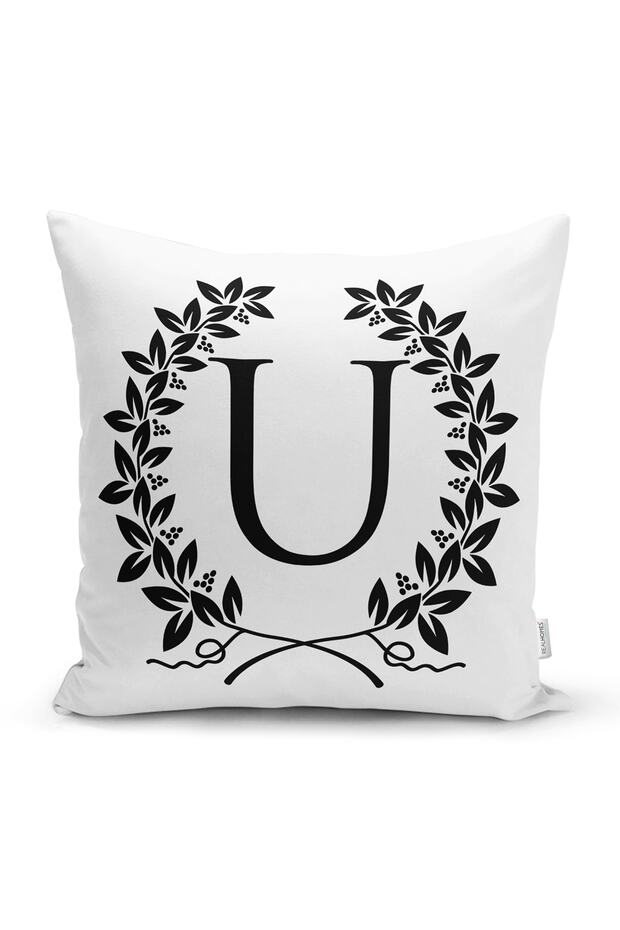 Black and White Wreathed Letter U Special Design Digital Printed Pillow Cushion Cover