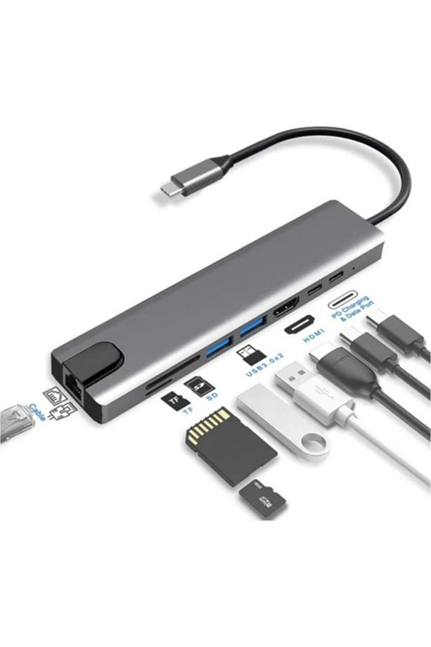 8 In 1 Ethernet Sd Usb Type C Hub Hdmı Girişli Macbook Çevirici 8ın11 - 2