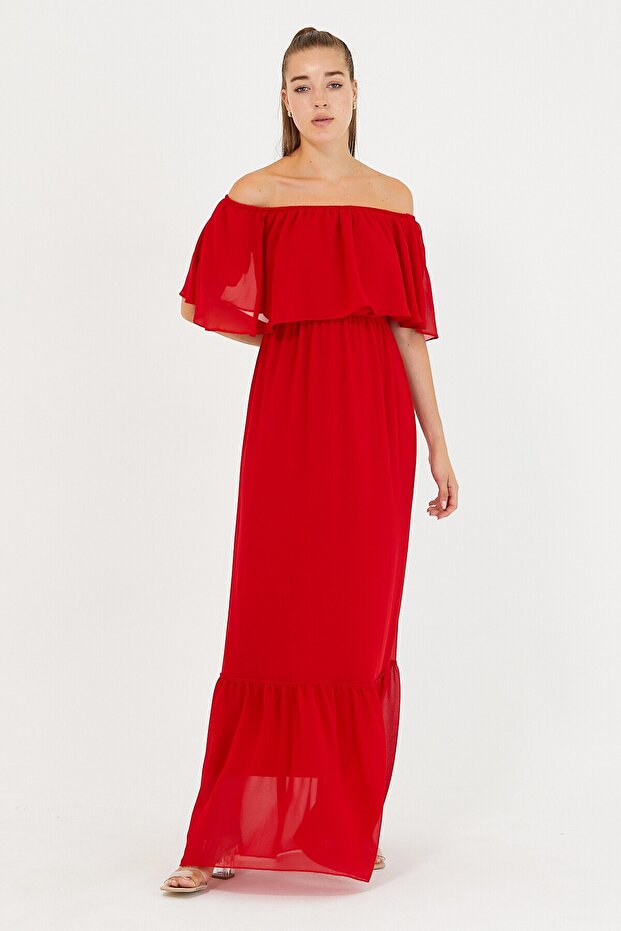 Collar, Long, Chiffon, Red Dress