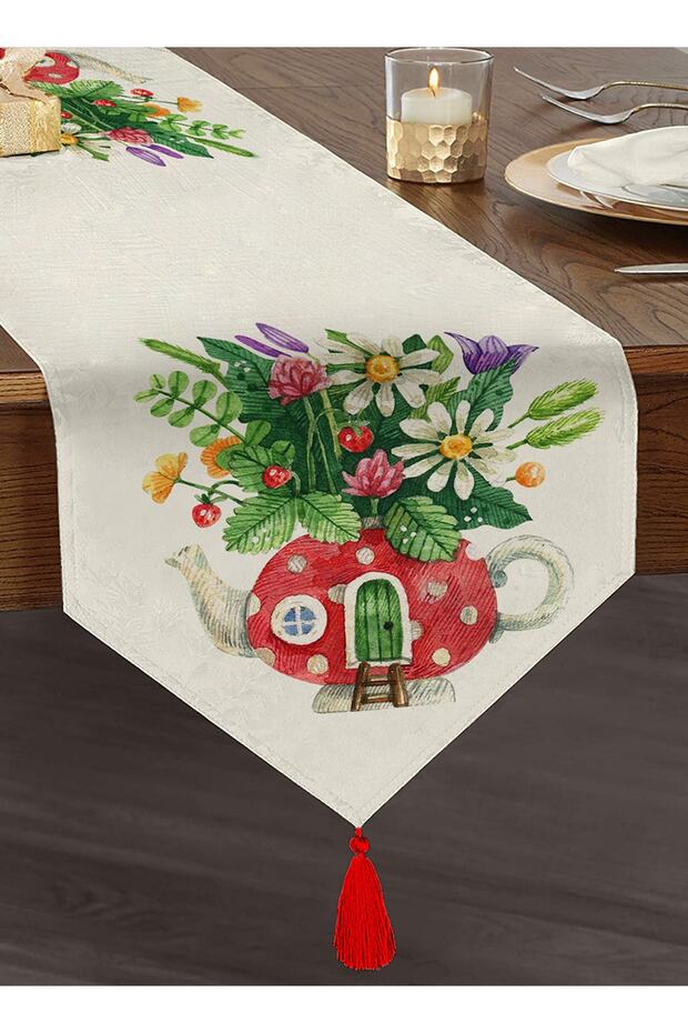 Cute Teapot Vase Designed Digital Printed Modern Tufted Chenille Triangle Runner