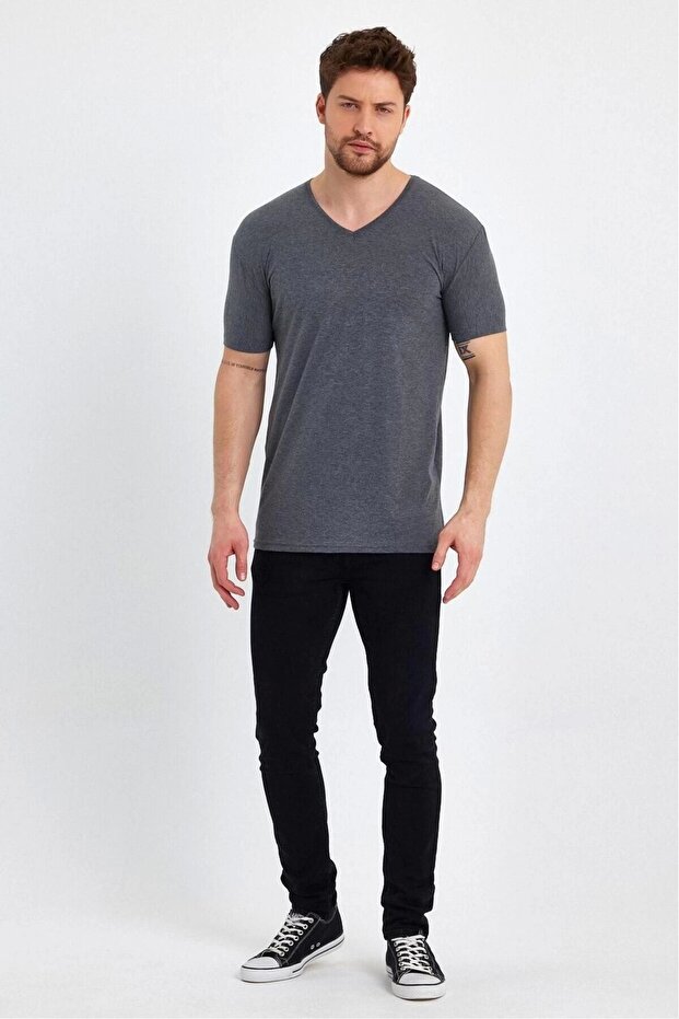 Erkek V Yaka Basic Gri Tişört - 2