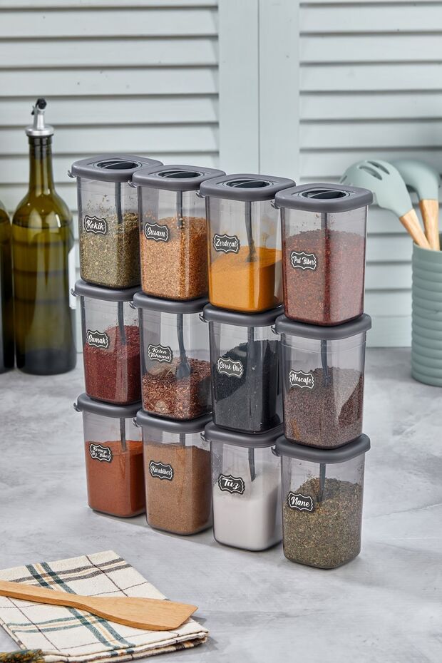 Set of 12 450ml Spice Dispensers with Lockable Lid and Self Spoon - 450ml - with Label Gift