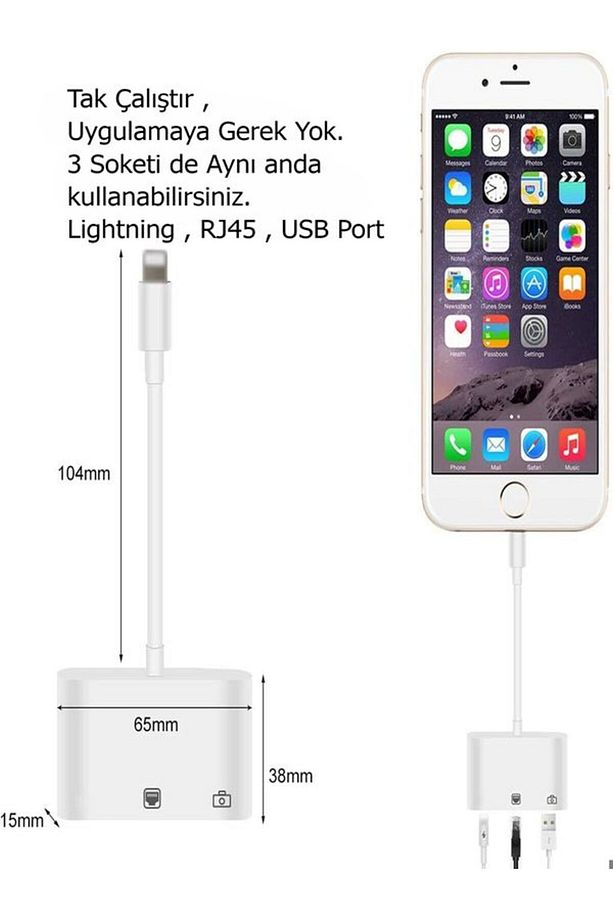 Iphone 7 8 X 11 11 Pro 12 13 13 14 Pro Max ve Ipad Uyumlu Usb Ethernet Lightning Şarj Adaptörü 3in1 - 3