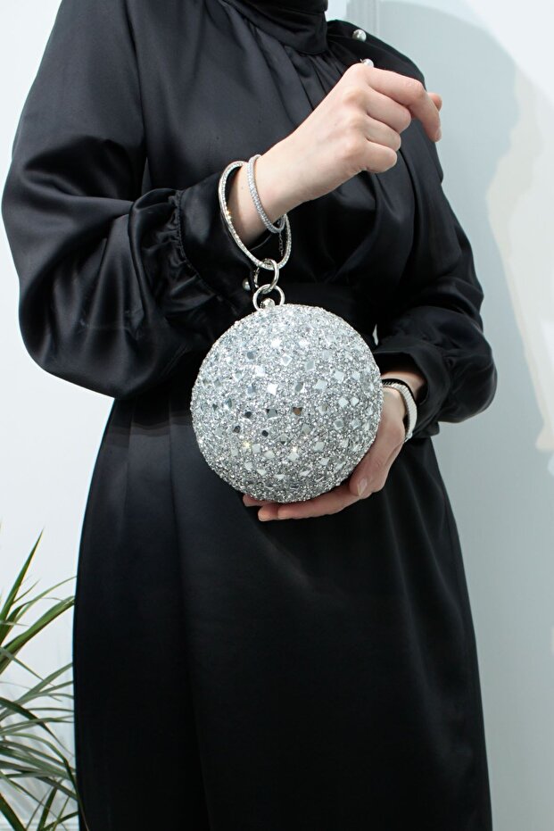 Silver Evening Dress Evening Bag with Round Crystal Stones
